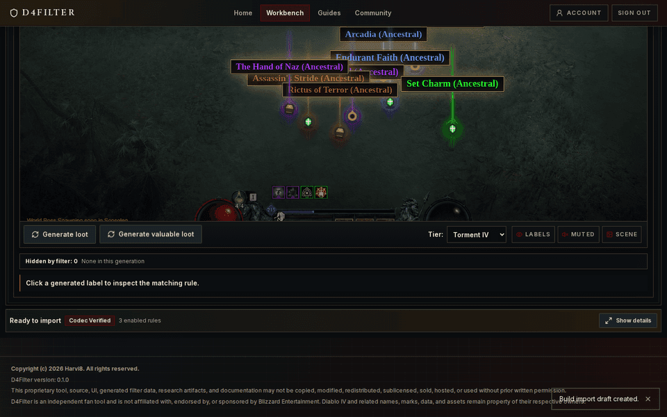 D4Filter loot preview showing simulated Diablo 4 drops before export