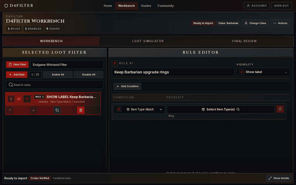 D4Filter workbench showing class selection, filter rules, and the rule editor